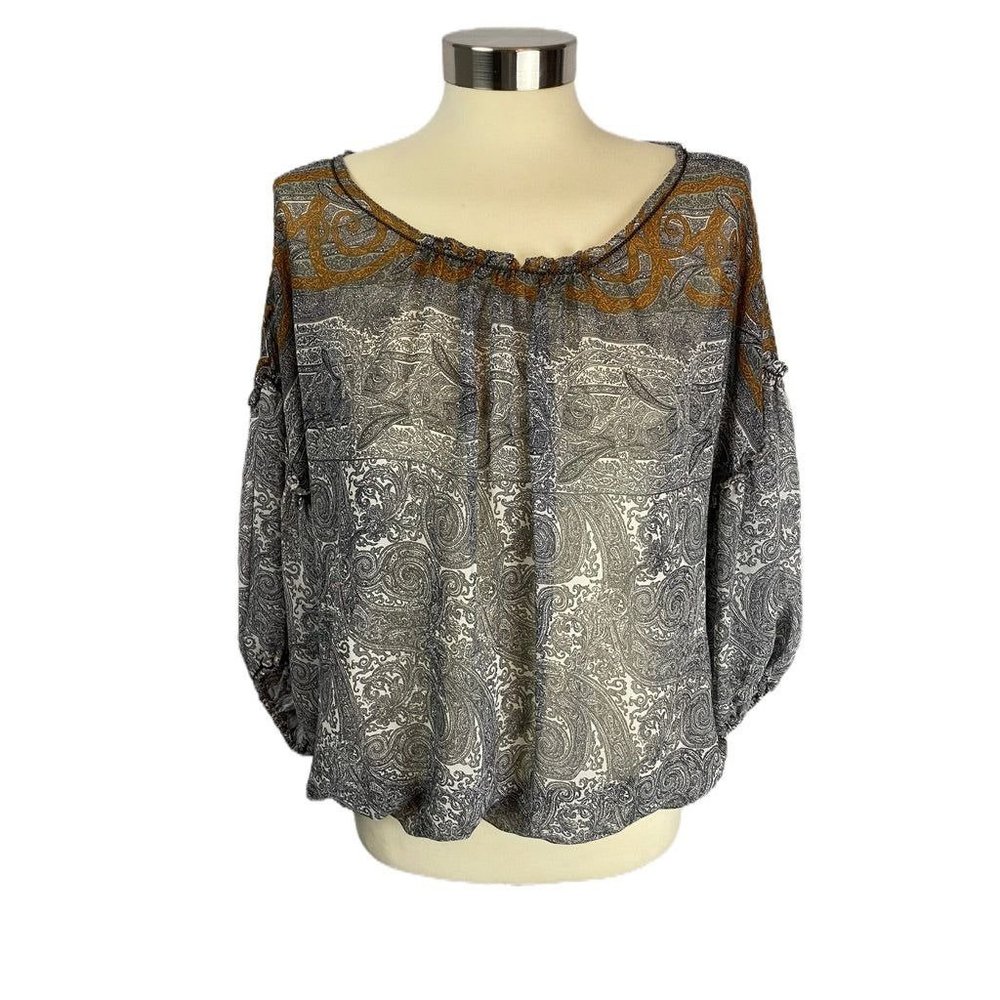 Medium‎ Studio M Women's Sheer Black White Paisley Blouse Banded Sleeves and Hem